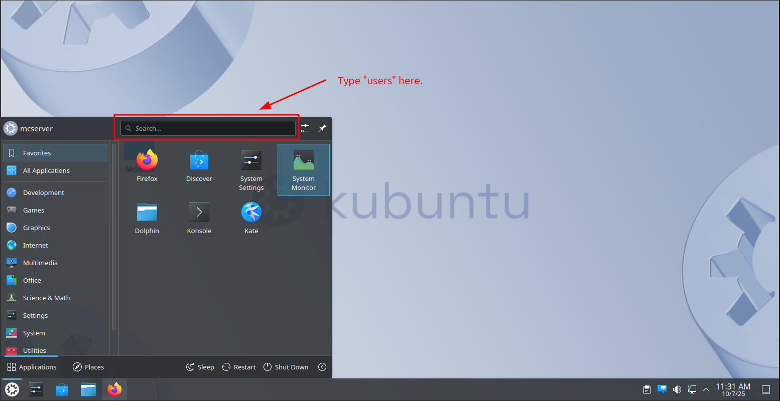 Searching for and opening the Users application.