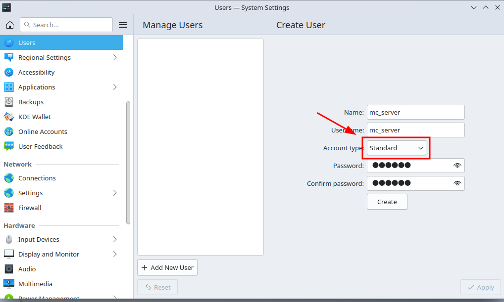 Opening the user privileges menu.
