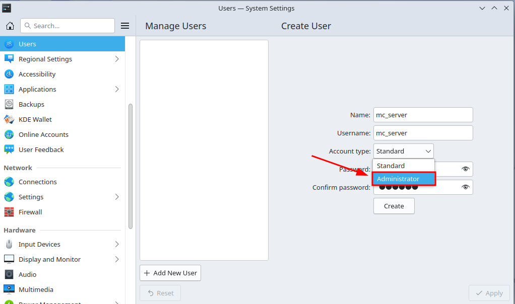 Setting the new user as an administrator.