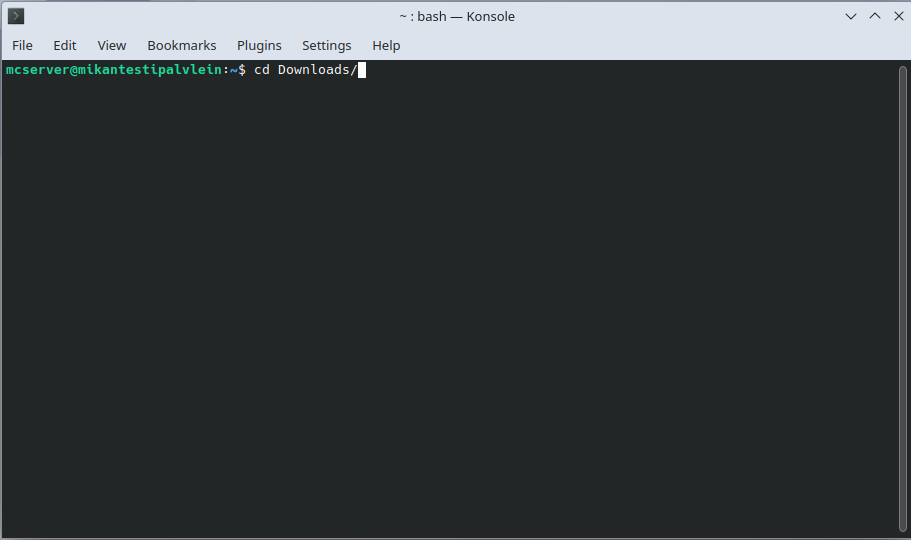 In the console, navigating to the Downloads folder.