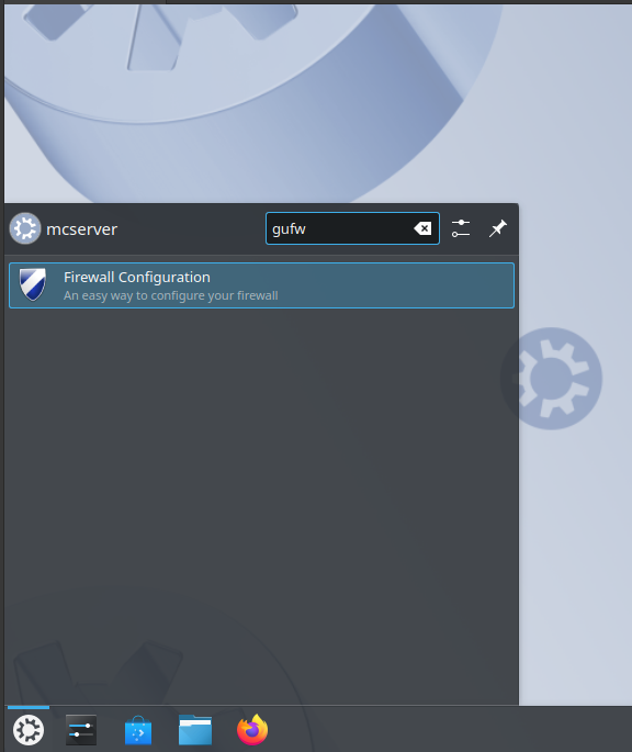 Searching for and opening gufw firewall management.