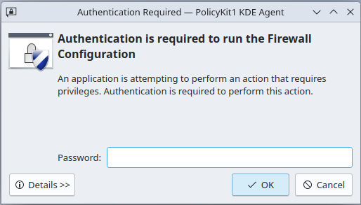 Entering the user's password if gufw asks for a password.