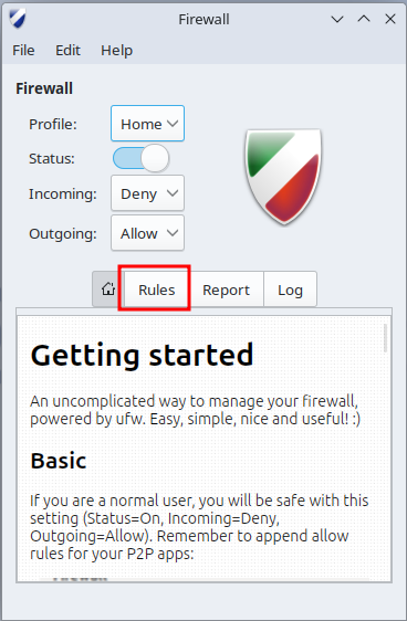 Navigating to the Rules page in gufw.