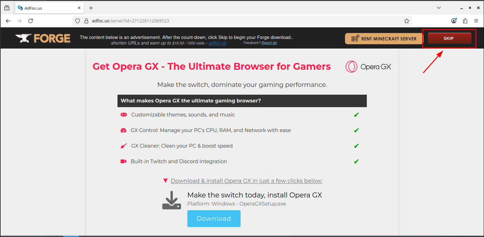 Clicking the skip button on the advertisement page.