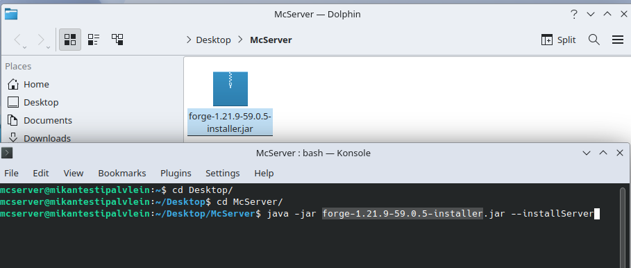 Installing the Forge file into the server folder.