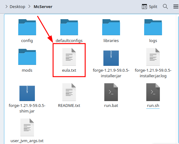 Navigating to the eula.txt file in the server folder.