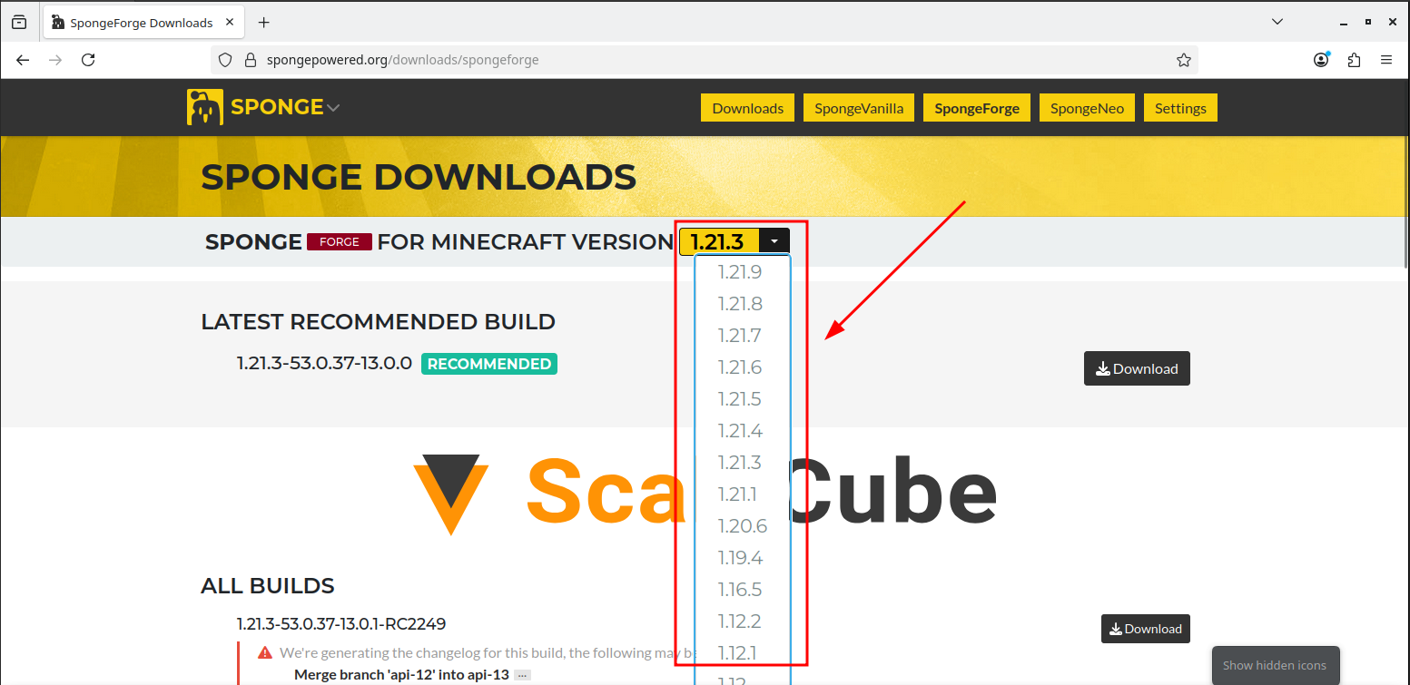 Selecting the SpongeForge version.