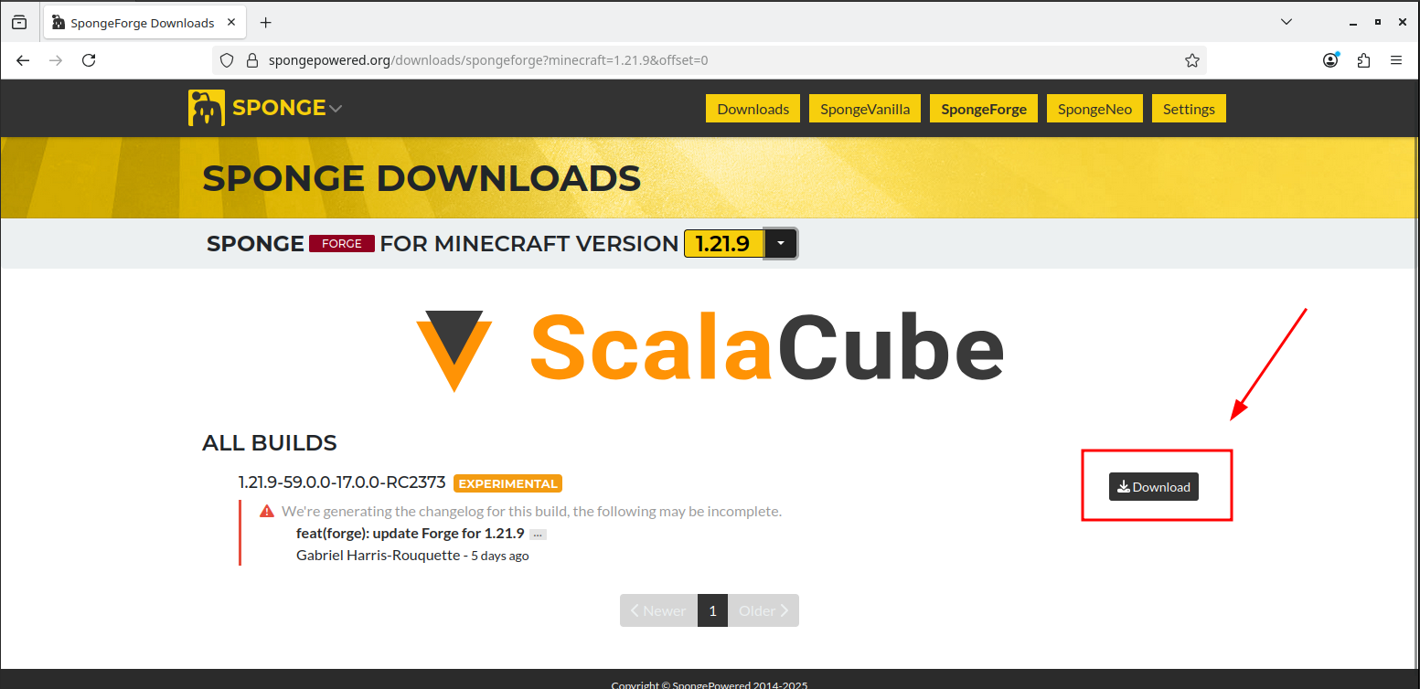 Downloading the SpongeForge file.